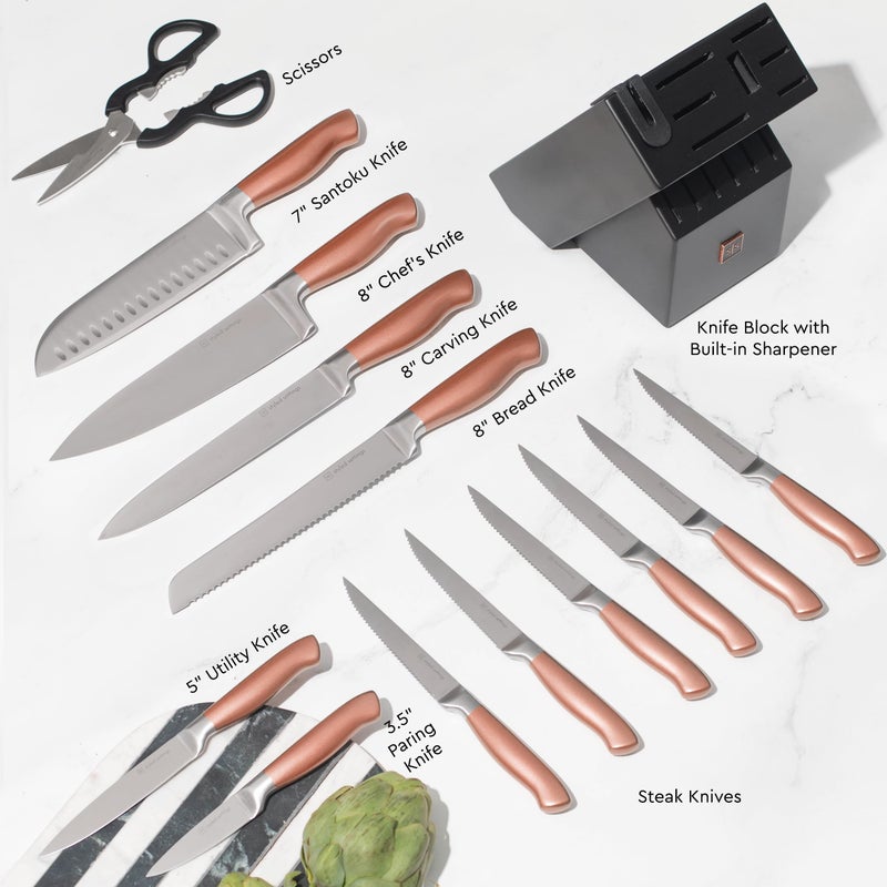 Styled Settings 14-Piece Knife Set with Block & Built-In Sharpener â€“ Ultra-Sharp Full Tang Kitchen Knives â€“ Premium Cooking & Prep Essentials, Copper Handle, Silver Blade & Black Block - Image 3